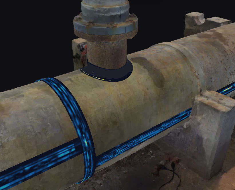 Eddy-current-array response mapped along a branch-nozzle weld and the circumferential welds either side of it, drawn as bright bands that brighten where the array signal rises across the weld line.