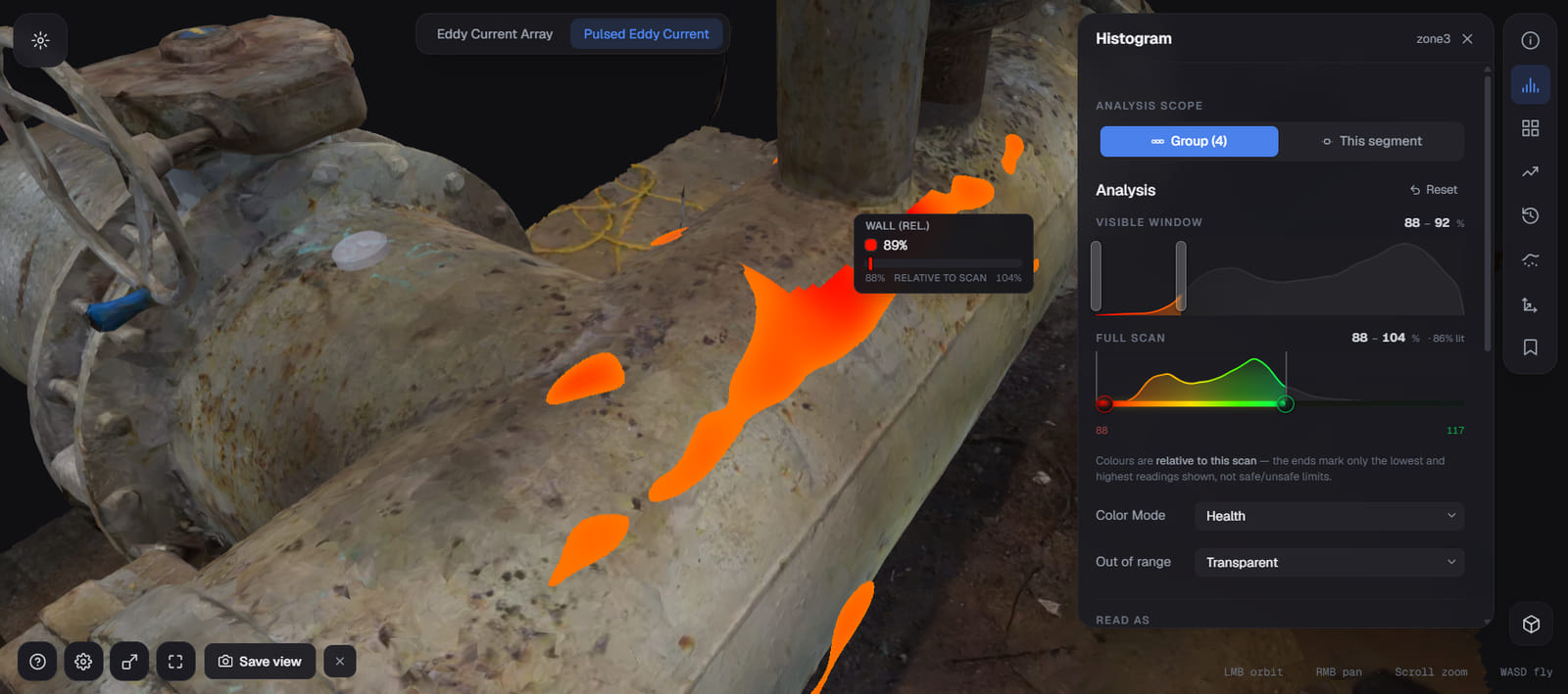 The same line with every reading above 92% wall hidden, so only the thinned metal is drawn: orange patches tracking along the crown of the pipe, the largest reading 89% wall against a scan range of 88 to 104%.