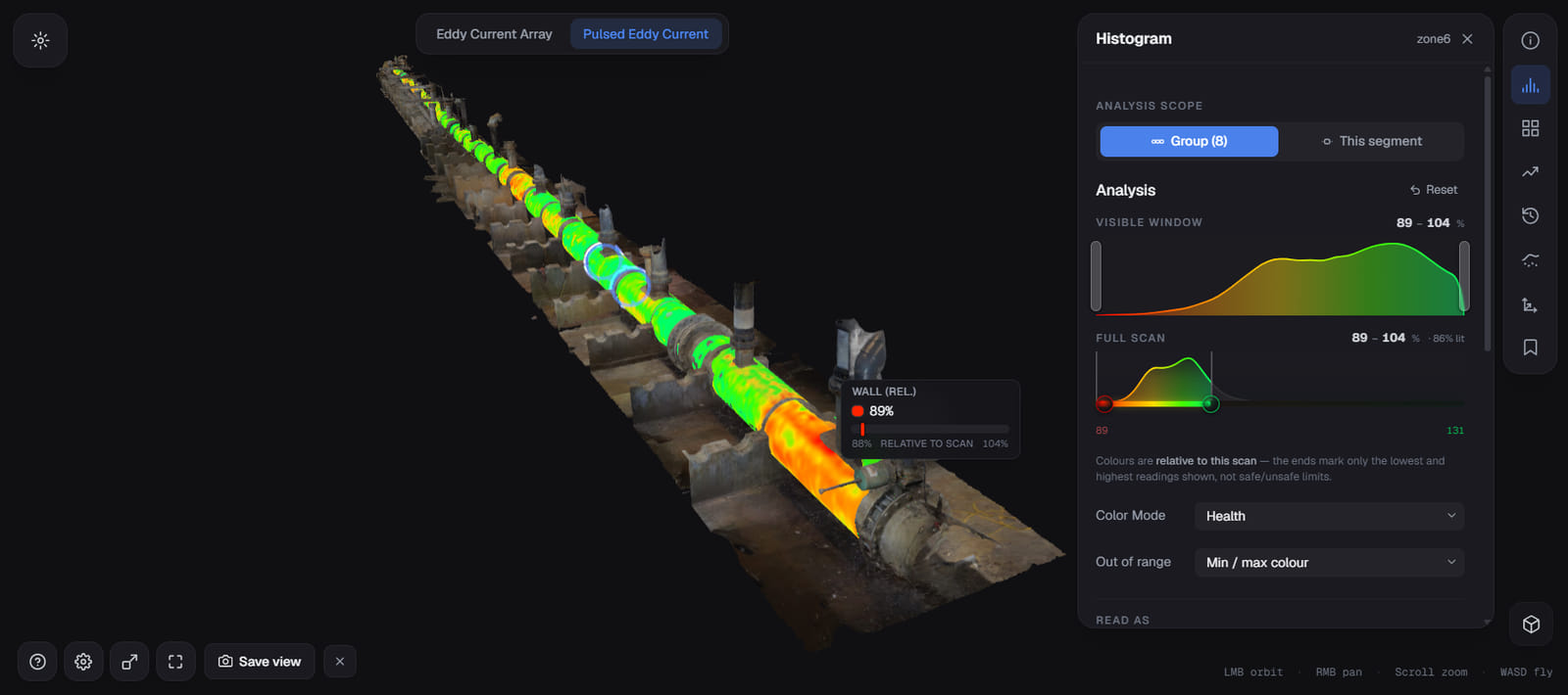 Helix asset viewer: the monitored length of pipe coloured by pulsed-eddy-current wall reading, green over most of the run and orange over a thinned section near the far flange, with a hovered point reading 89% wall relative to the scan.