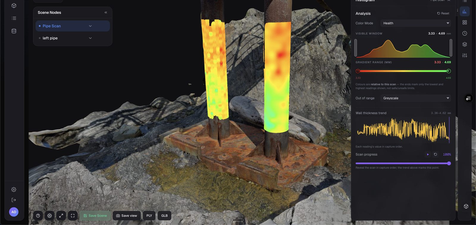 The Helix asset viewer showing two rusted riser pipes with live wall-thickness heat maps, histogram and trend panel.